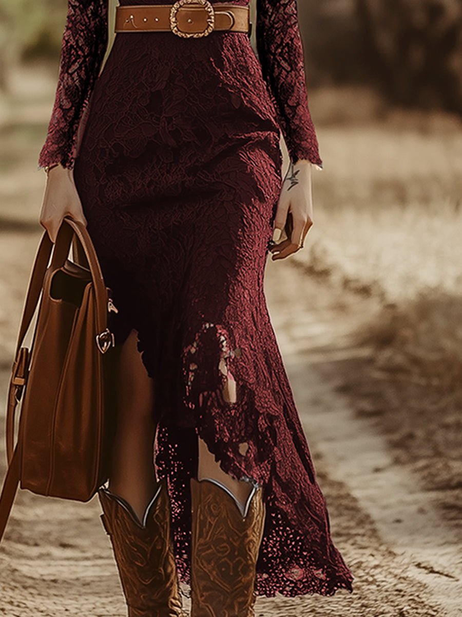 Vintage Bohemian Blue Lace Long Sleeve Midi Dress - Image 11