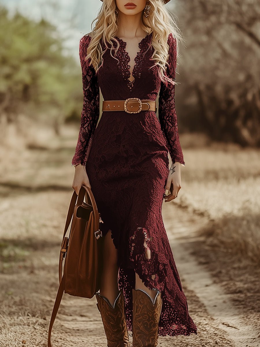 Vintage Bohemian Blue Lace Long Sleeve Midi Dress - Image 2