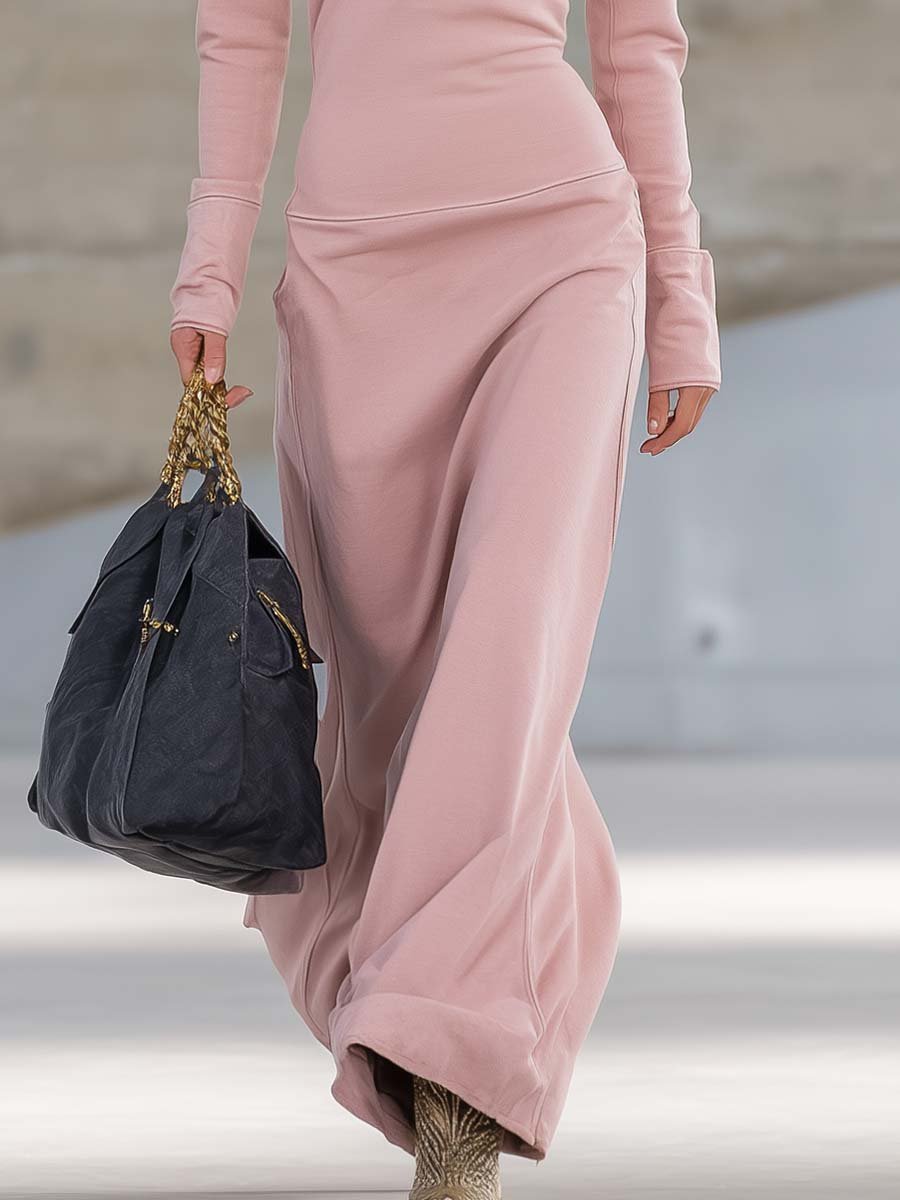 Elegant Retro Sporty V-neck Front Zipper Long-sleeved Pink Maxi Dress - Image 10