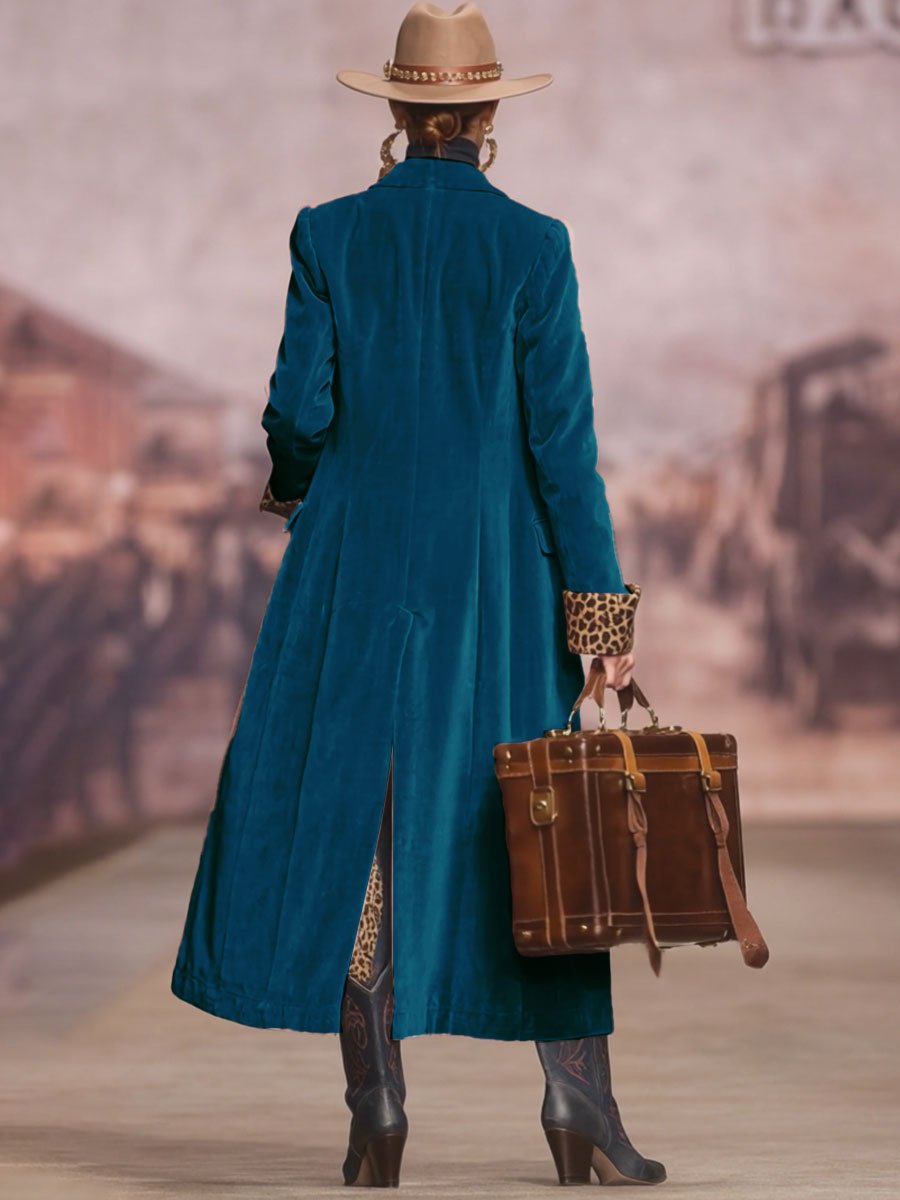 Lapel Single-breasted Velvet And Leopard Print Coat - Image 8