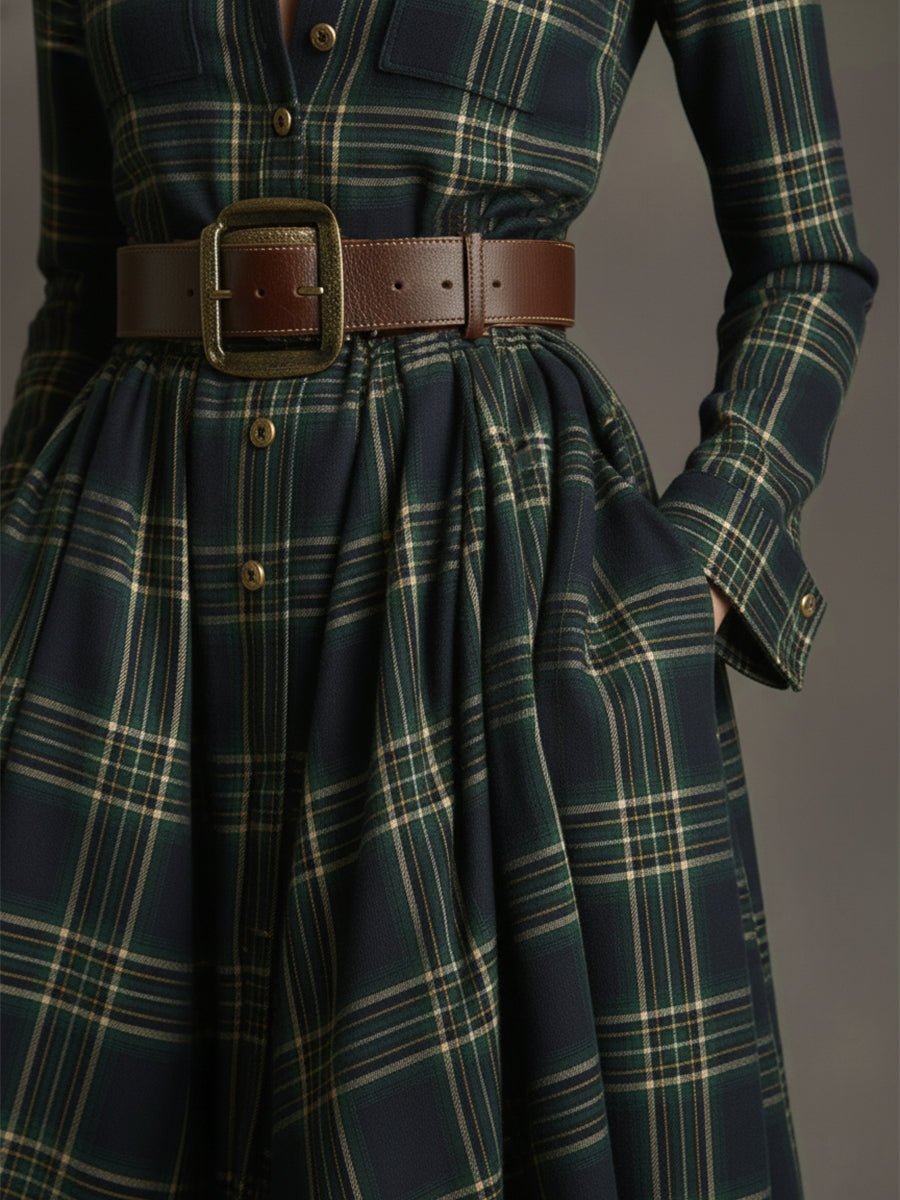 Retro Ethnic Style Lapel Reddish Brown Plaid Maxi Dress - Image 9