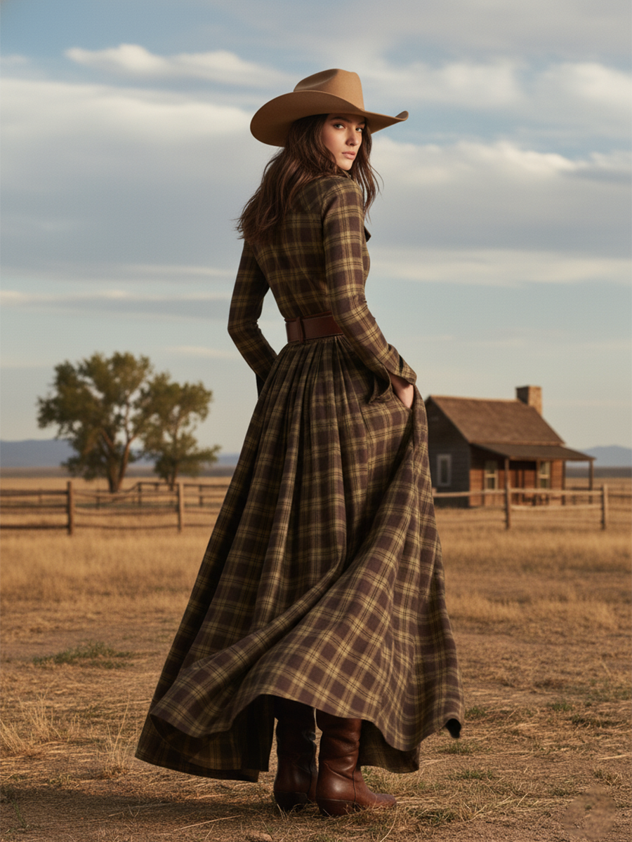 Retro Ethnic Style Lapel Reddish Brown Plaid Maxi Dress - Image 16