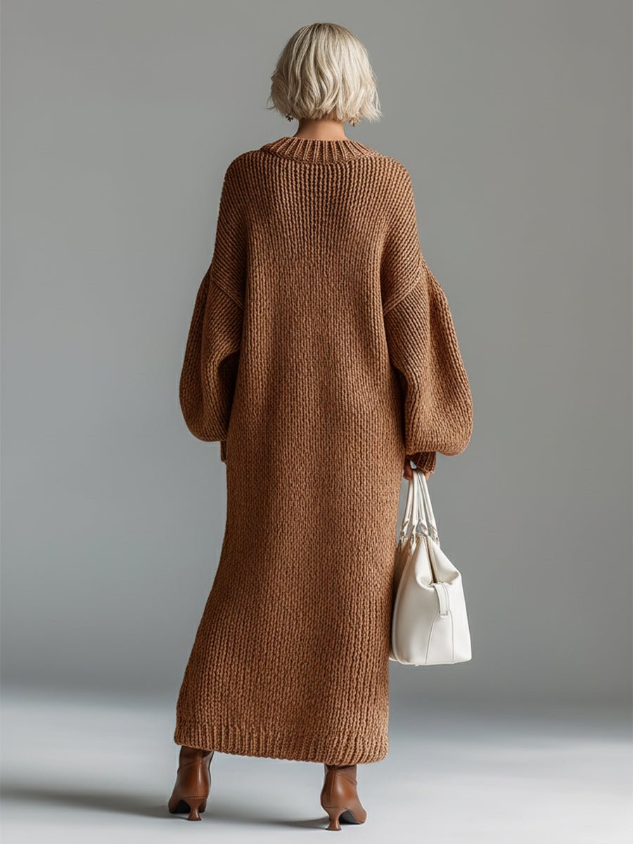 Elegant Urban Silhouette Round Neck Heathered Khaki Knitted Maxi Dress - Image 7