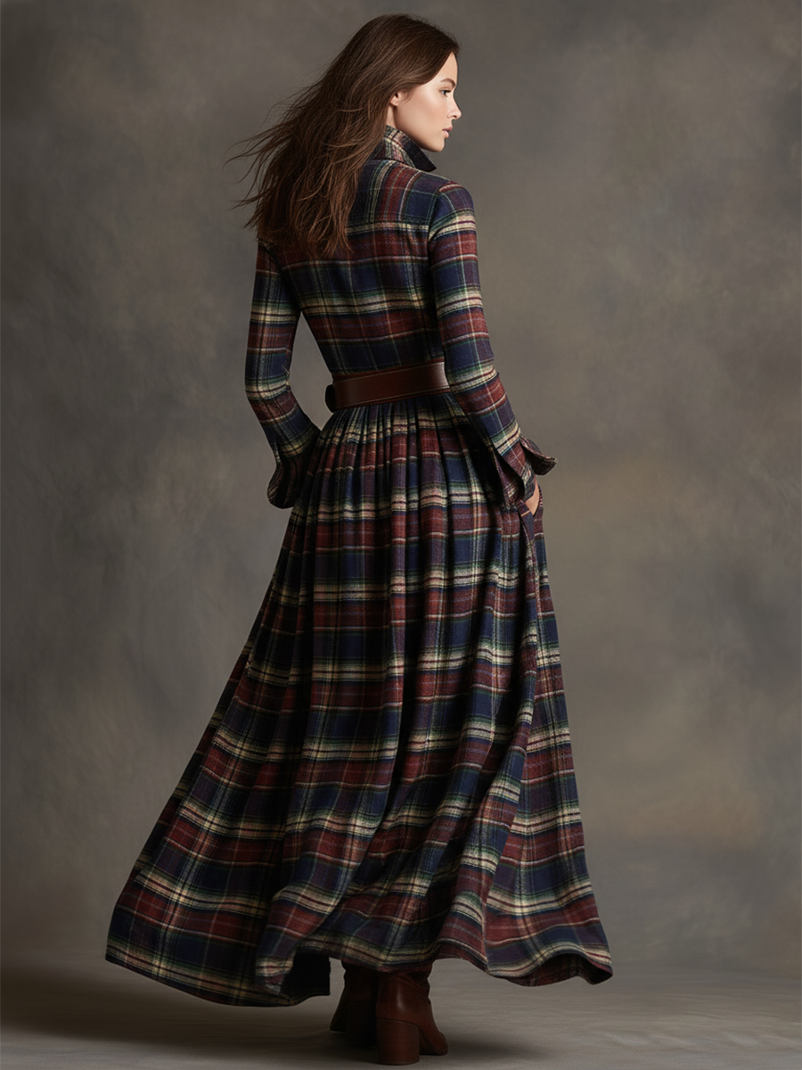 Retro Ethnic Style Lapel Reddish Brown Plaid Maxi Dress - Image 12