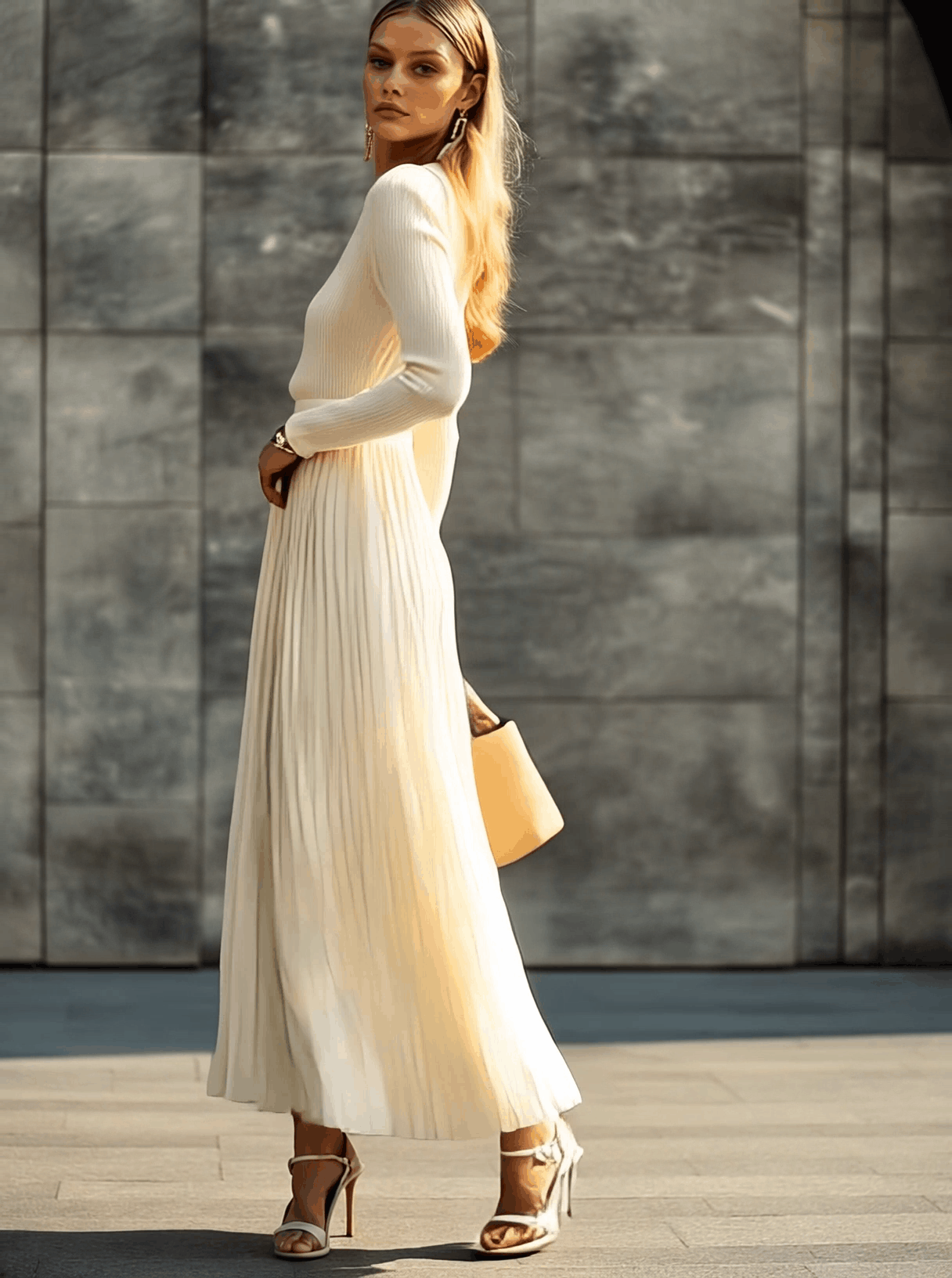 Elegant Casual And Comfortable Long-sleeved Cream Knitted Satin Pleated Hem Maxi Dress - Image 3