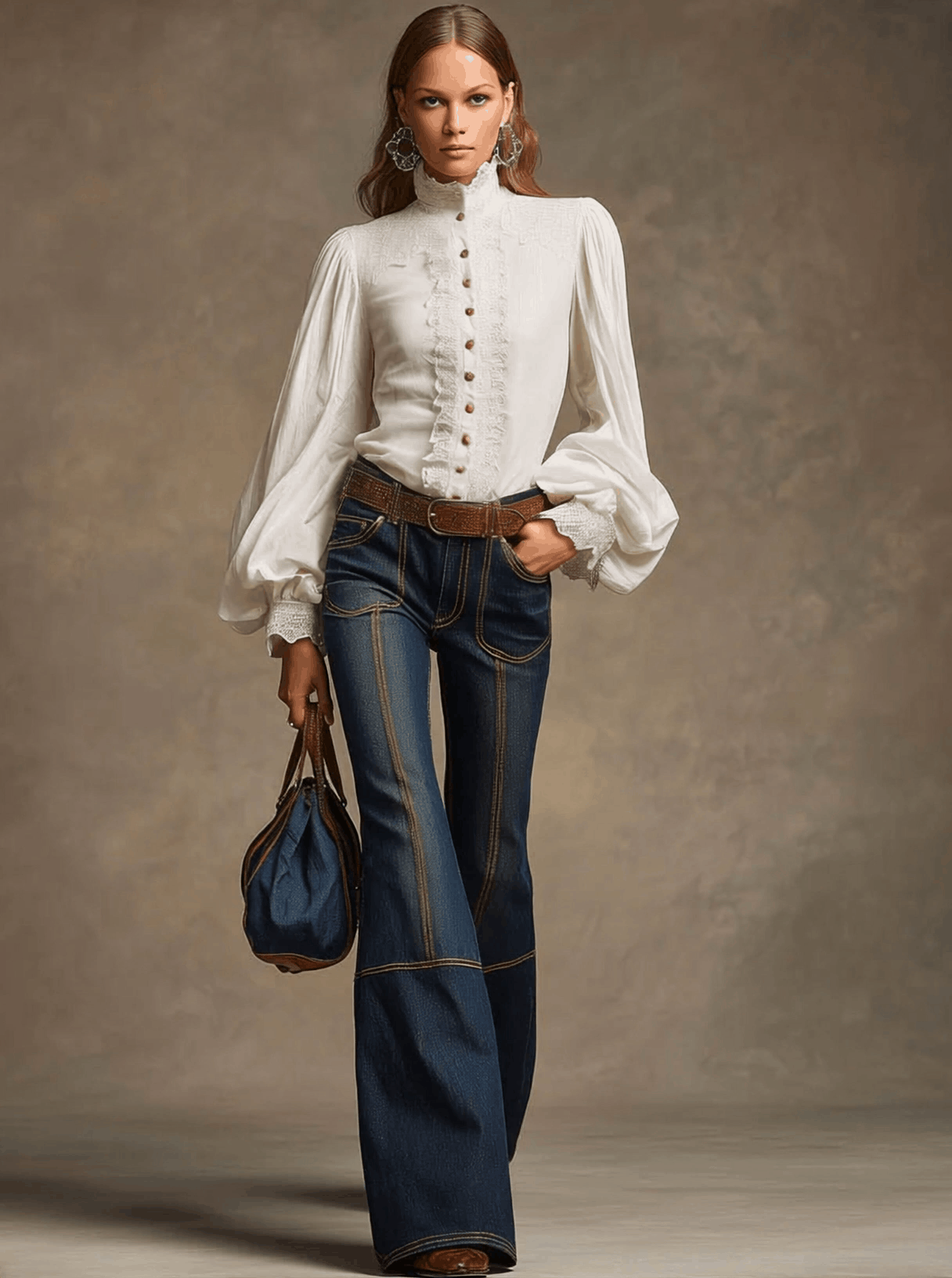 Retro Brown Double-stitched Navy Jeans - Image 2