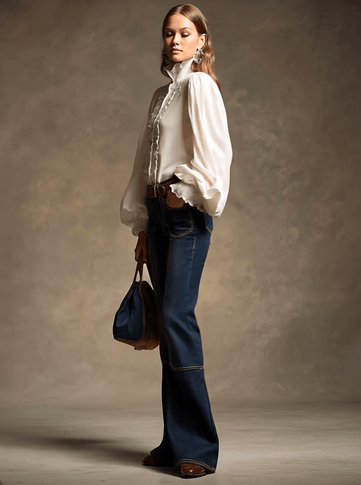 Retro Brown Double-stitched Navy Jeans - Image 3