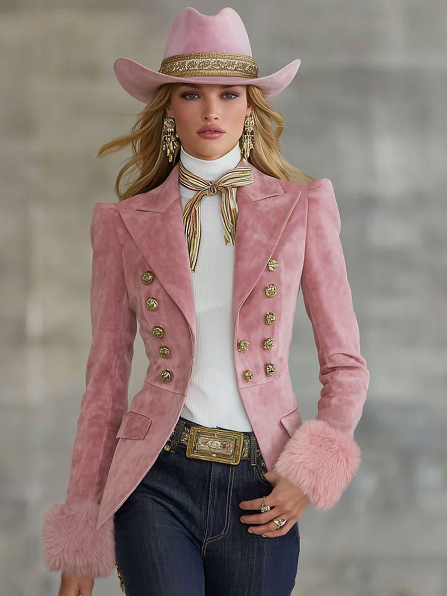 Lapel Multi-button Faux Suede And Fur Blazer - Image 5