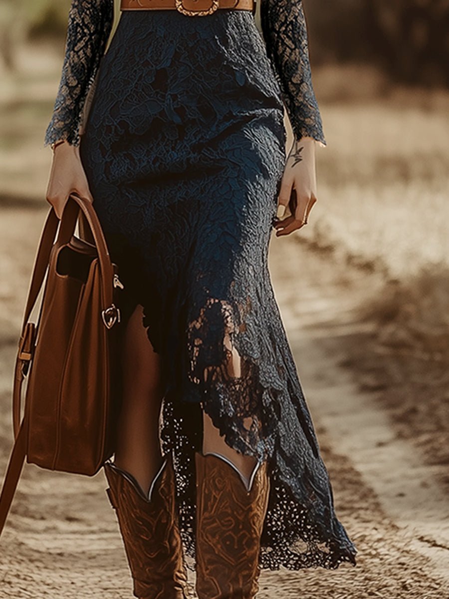 Vintage Bohemian Blue Lace Long Sleeve Midi Dress - Image 10