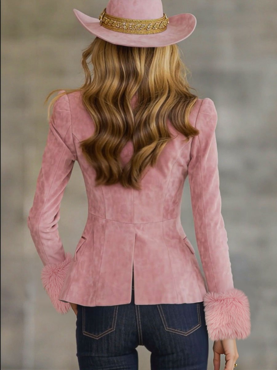 Lapel Multi-button Faux Suede And Fur Blazer - Image 2