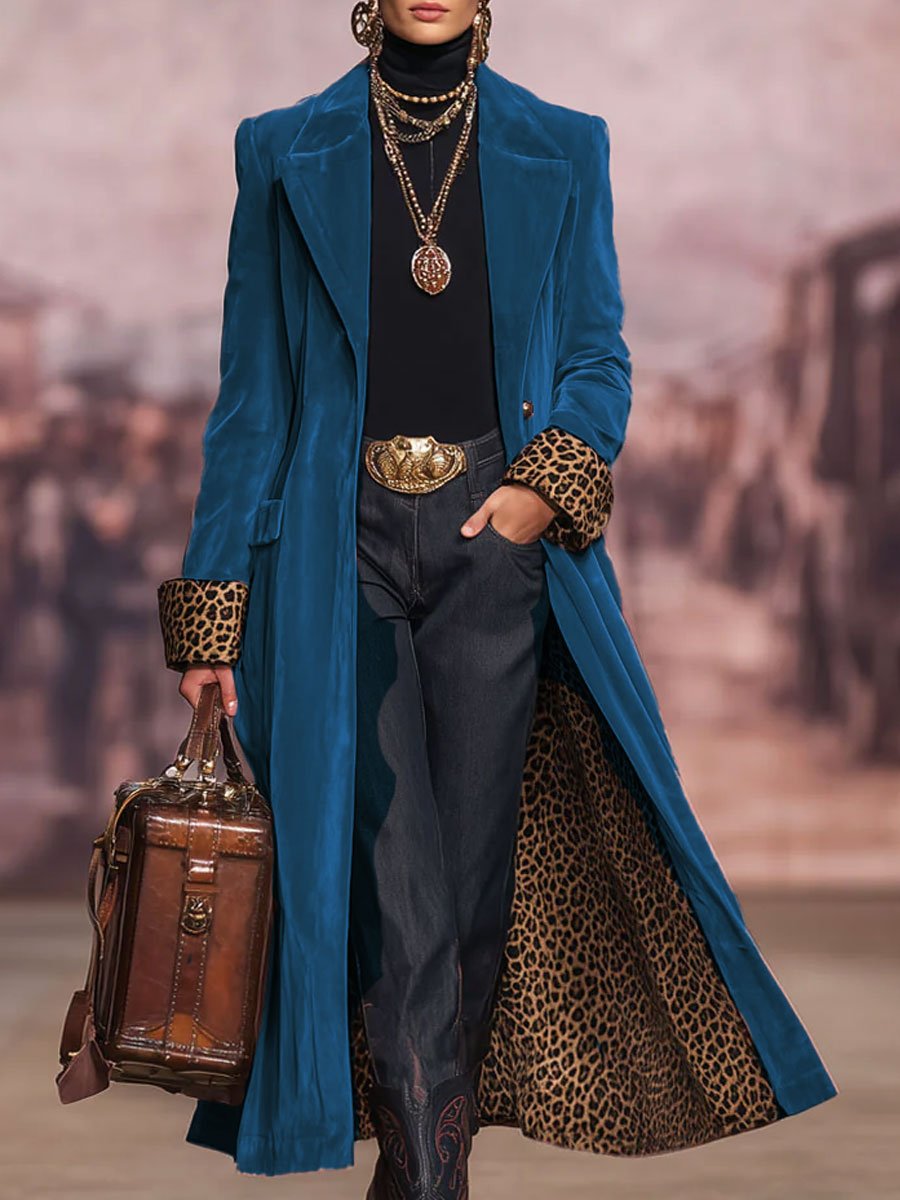 Lapel Single-breasted Velvet And Leopard Print Coat - Image 4