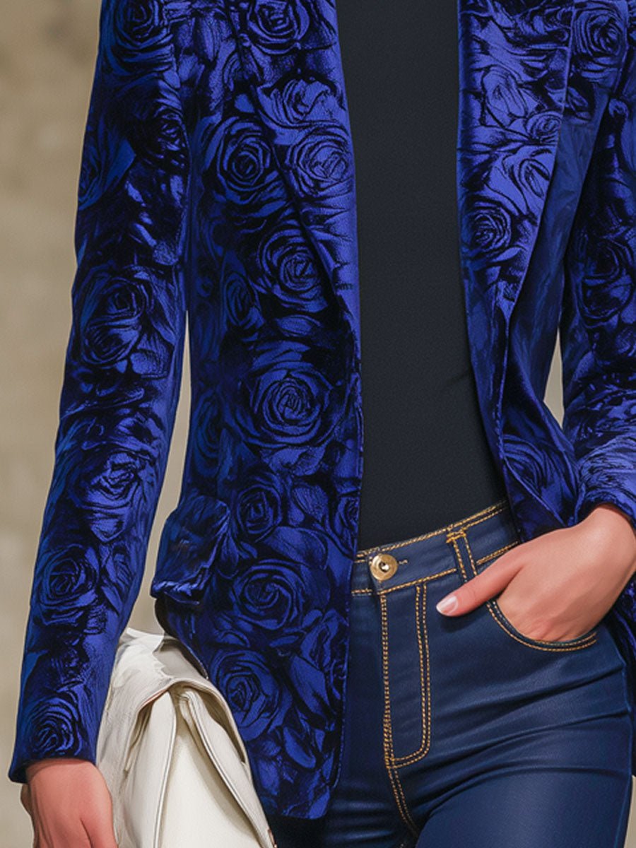 Royal Blue Rose Print Velvet Lapel Blazer - Image 3