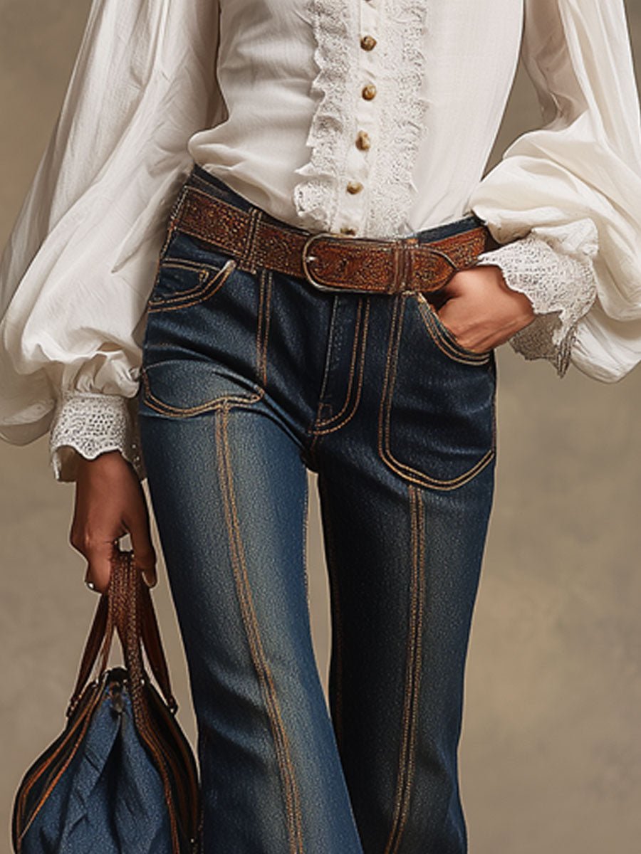 Retro Brown Double-stitched Navy Jeans - Image 8