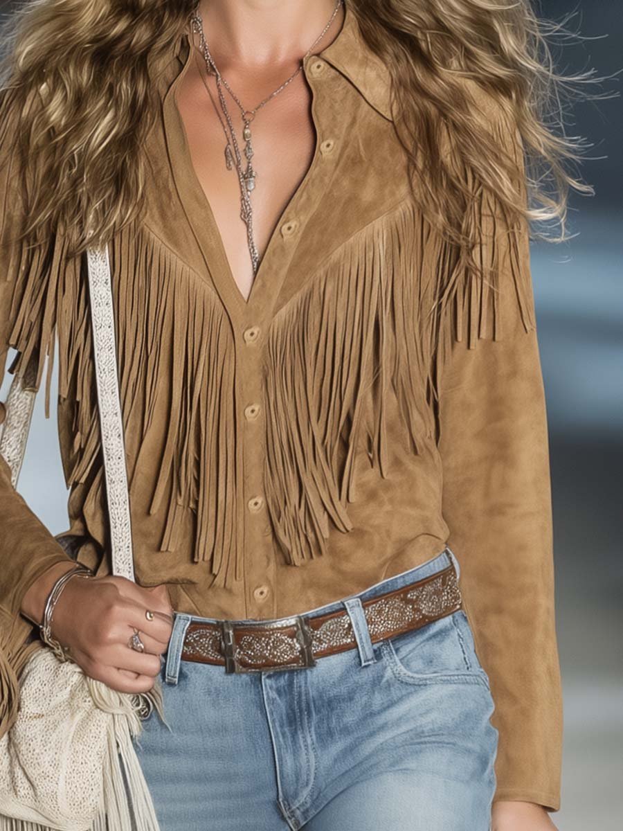 Casual Vintage Western Button Front Tassel Long Sleeve Light Brown Fuax Suede Shirt Top - Image 5