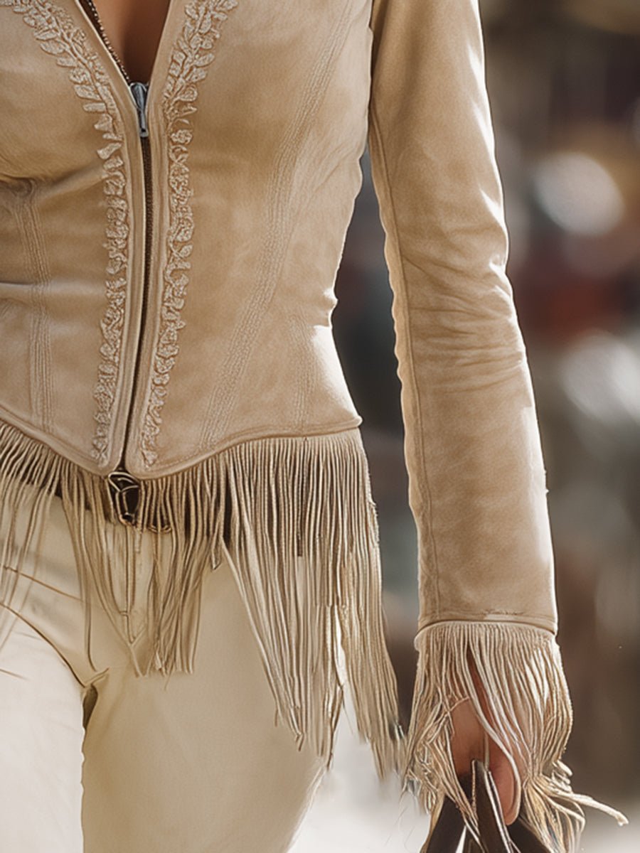 Casual Vintage Khaki Lace Tassel Jacket - Image 5