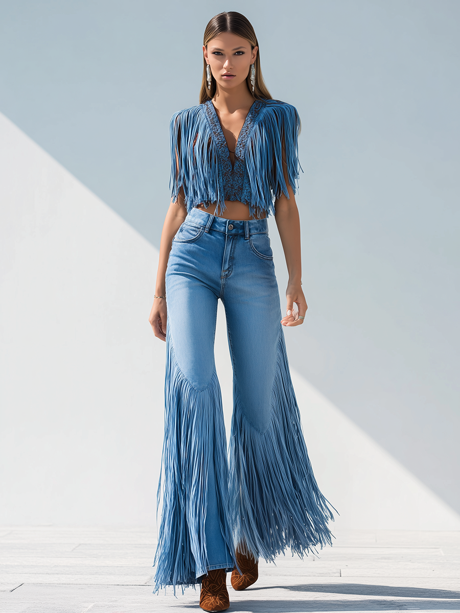 Trendy Retro Tassel Flared Jeans - Image 3