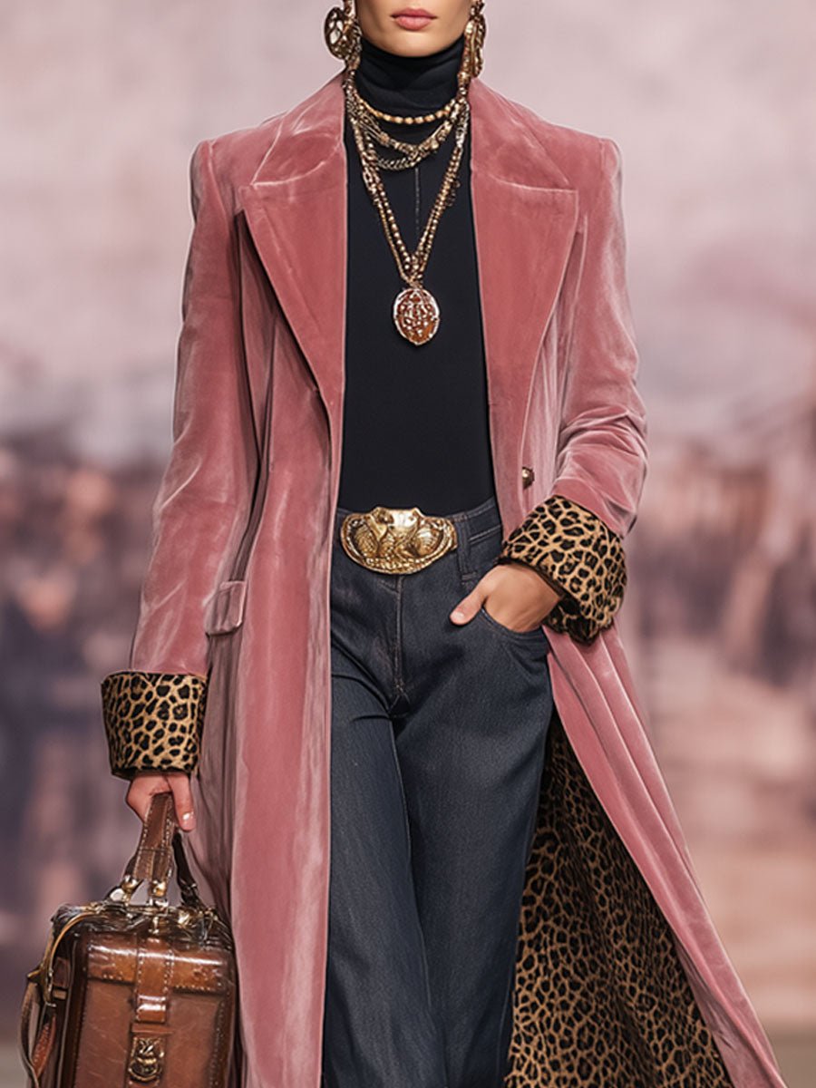 Lapel Single-breasted Velvet And Leopard Print Coat - Image 5