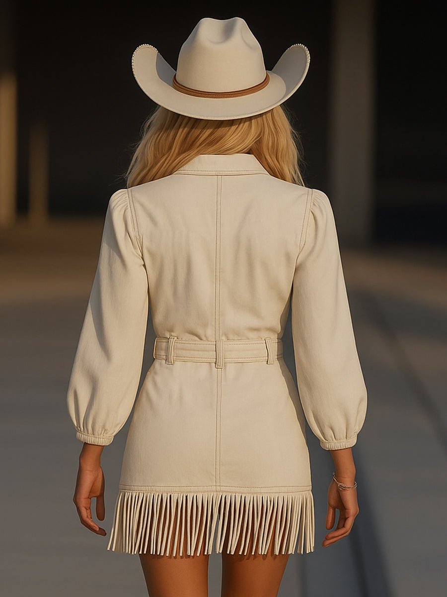 Retro High-end Fashion Tassel Splicing Denim Mini Dress - Image 3