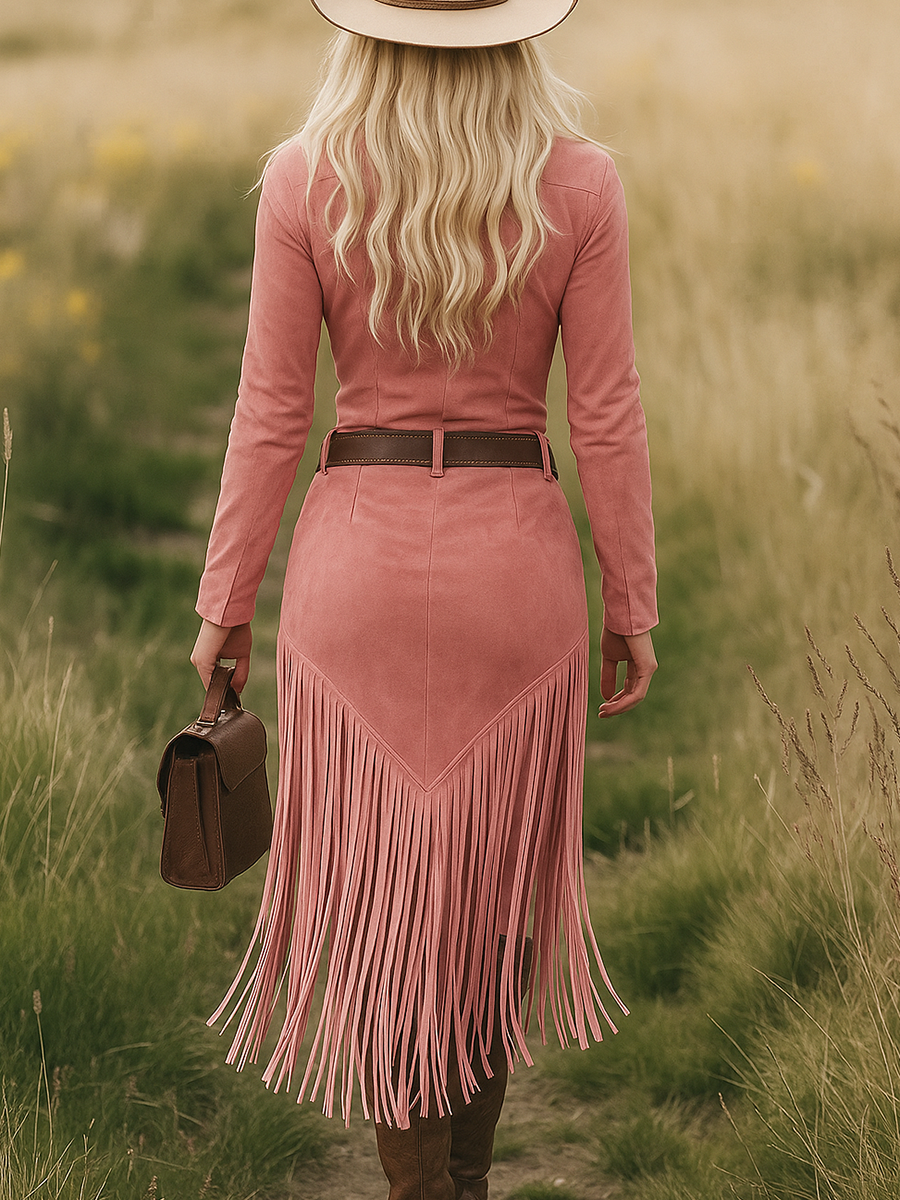 Retro Western Lapel Zipper Long Sleeve Tassel Midi Dress - Image 13