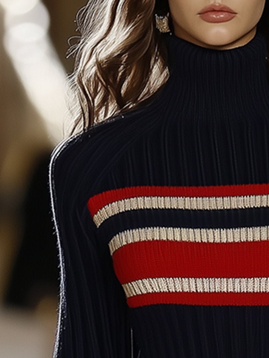 Retro French Elegant Fashionable High Collar Red And White Striped Dress - Image 3