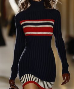 Retro French Elegant Fashionable High Collar Red And White Striped Dress