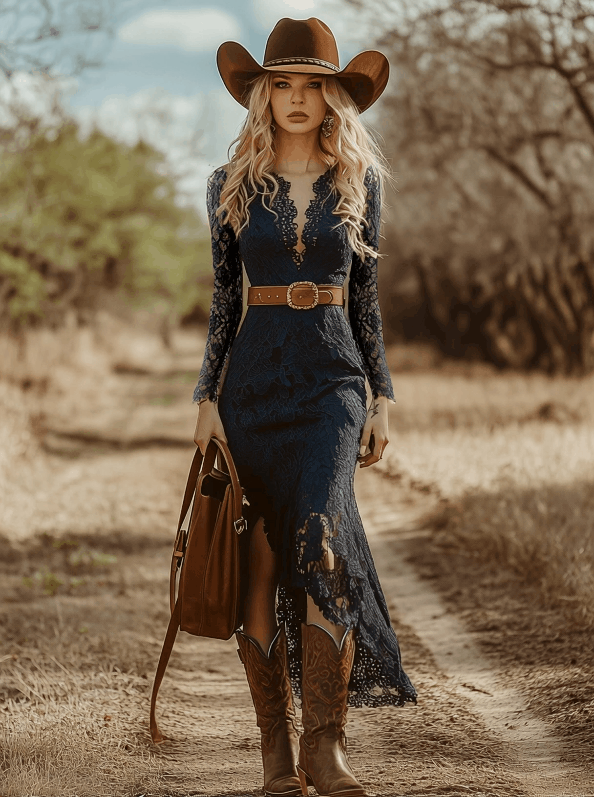 Vintage Bohemian Blue Lace Long Sleeve Midi Dress - Image 4