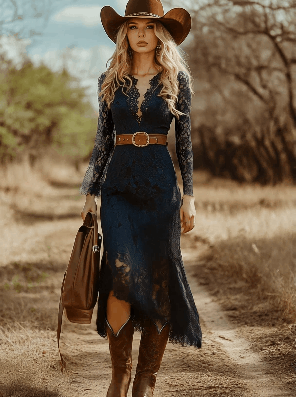 Vintage Bohemian Blue Lace Long Sleeve Midi Dress - Image 5