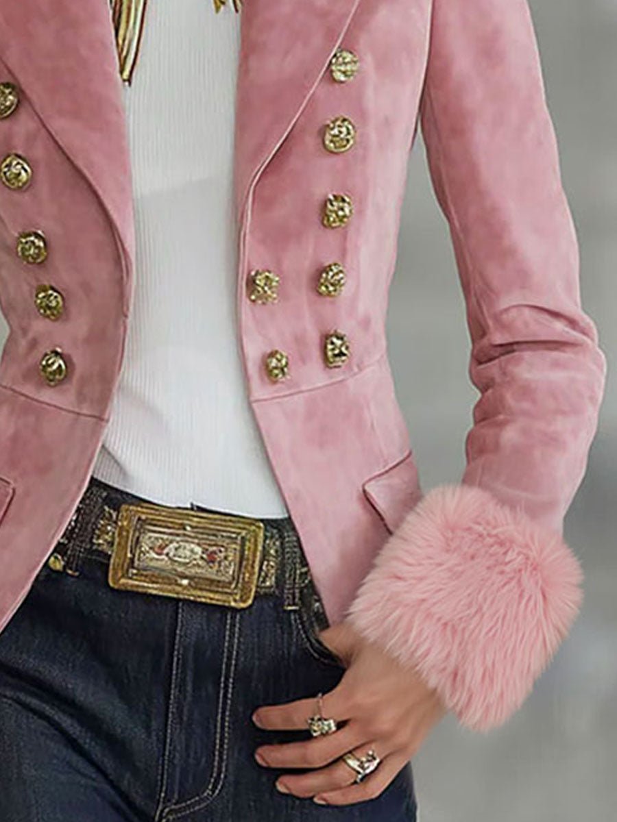 Lapel Multi-button Faux Suede And Fur Blazer - Image 4