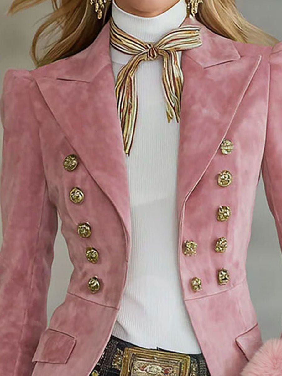 Lapel Multi-button Faux Suede And Fur Blazer - Image 3