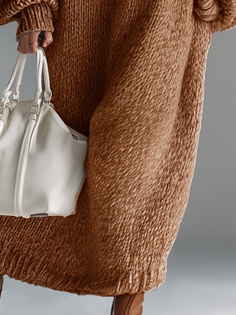 Elegant Urban Silhouette Round Neck Heathered Khaki Knitted Maxi Dress - Image 8