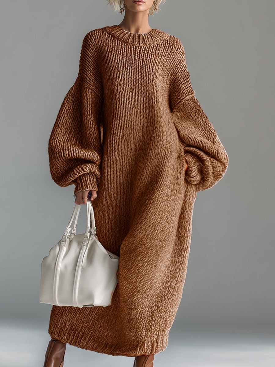 Elegant Urban Silhouette Round Neck Heathered Khaki Knitted Maxi Dress - Image 2