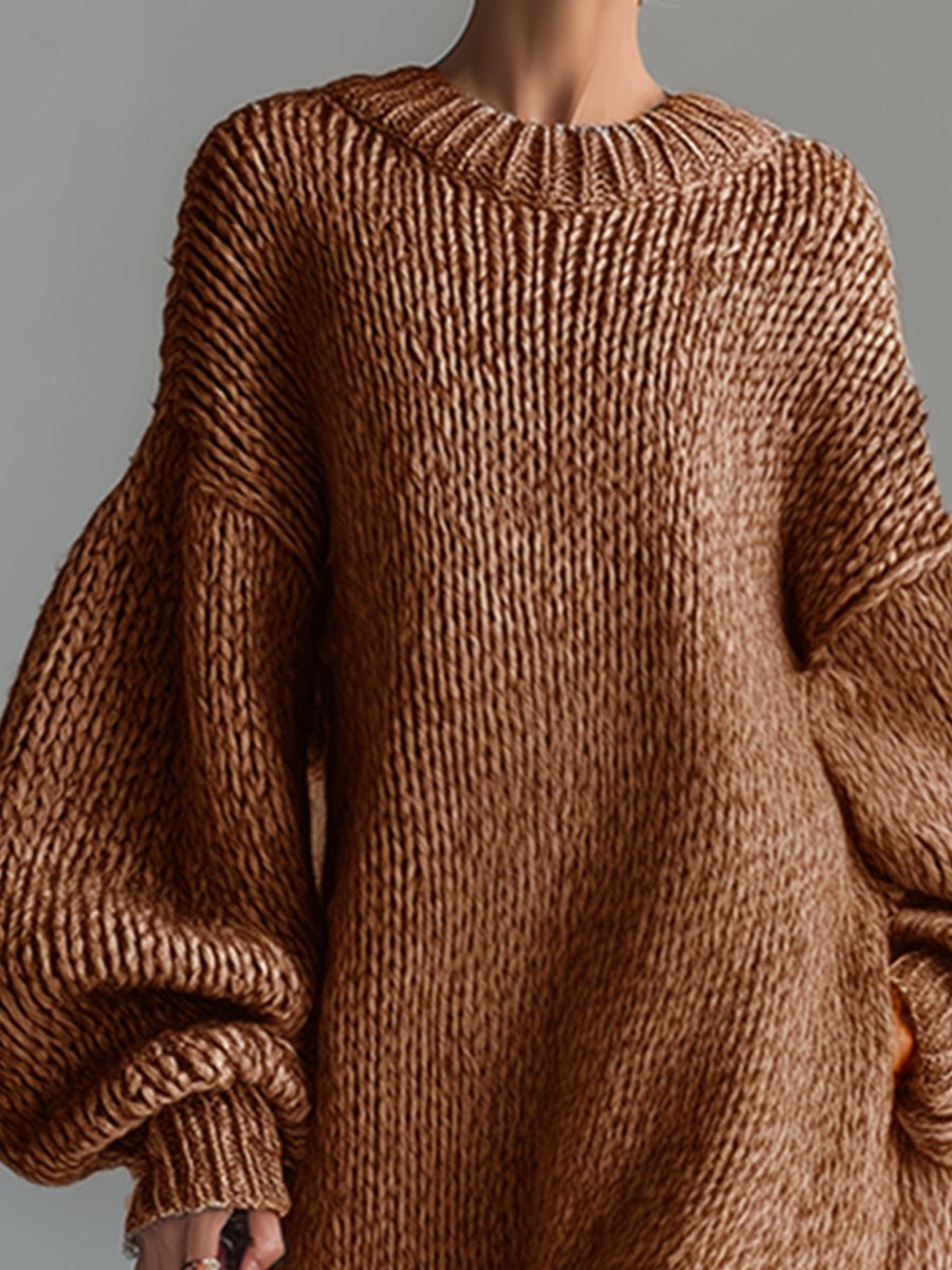 Elegant Urban Silhouette Round Neck Heathered Khaki Knitted Maxi Dress - Image 6