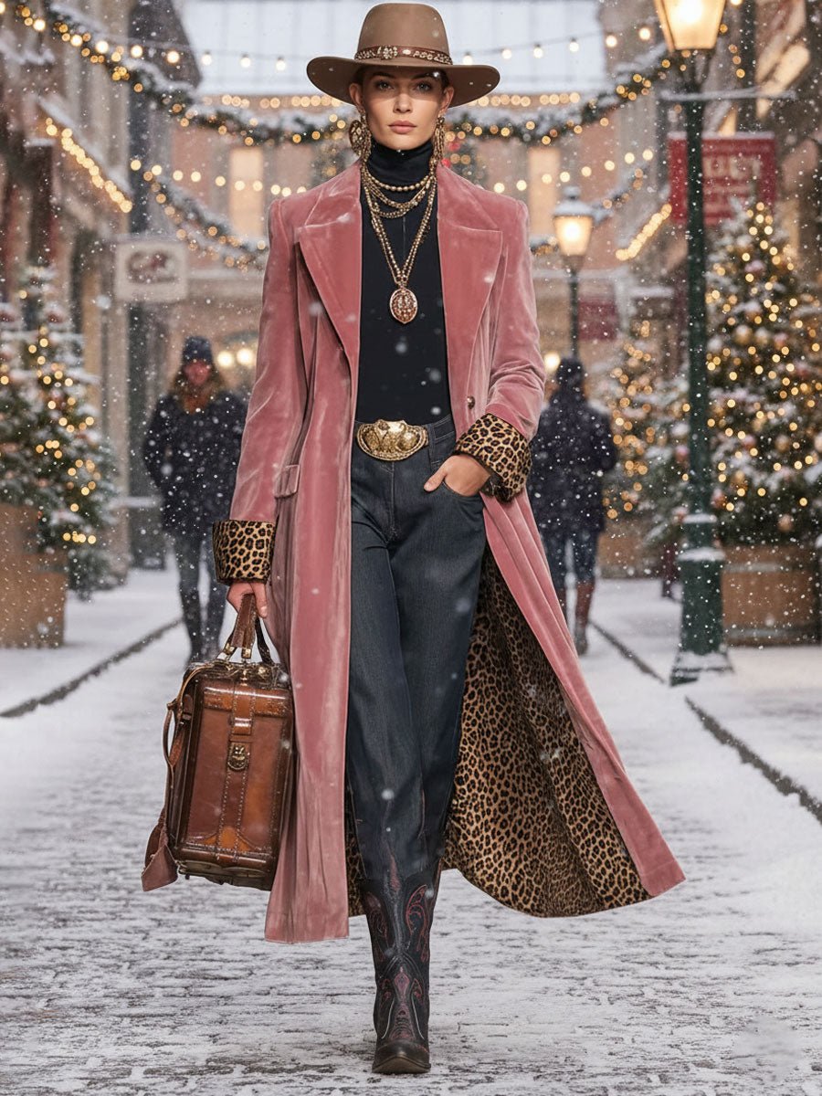 Lapel Single-breasted Velvet And Leopard Print Coat - Image 2